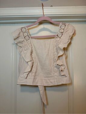 Cream Ruffled Lace-Trim Crop Top